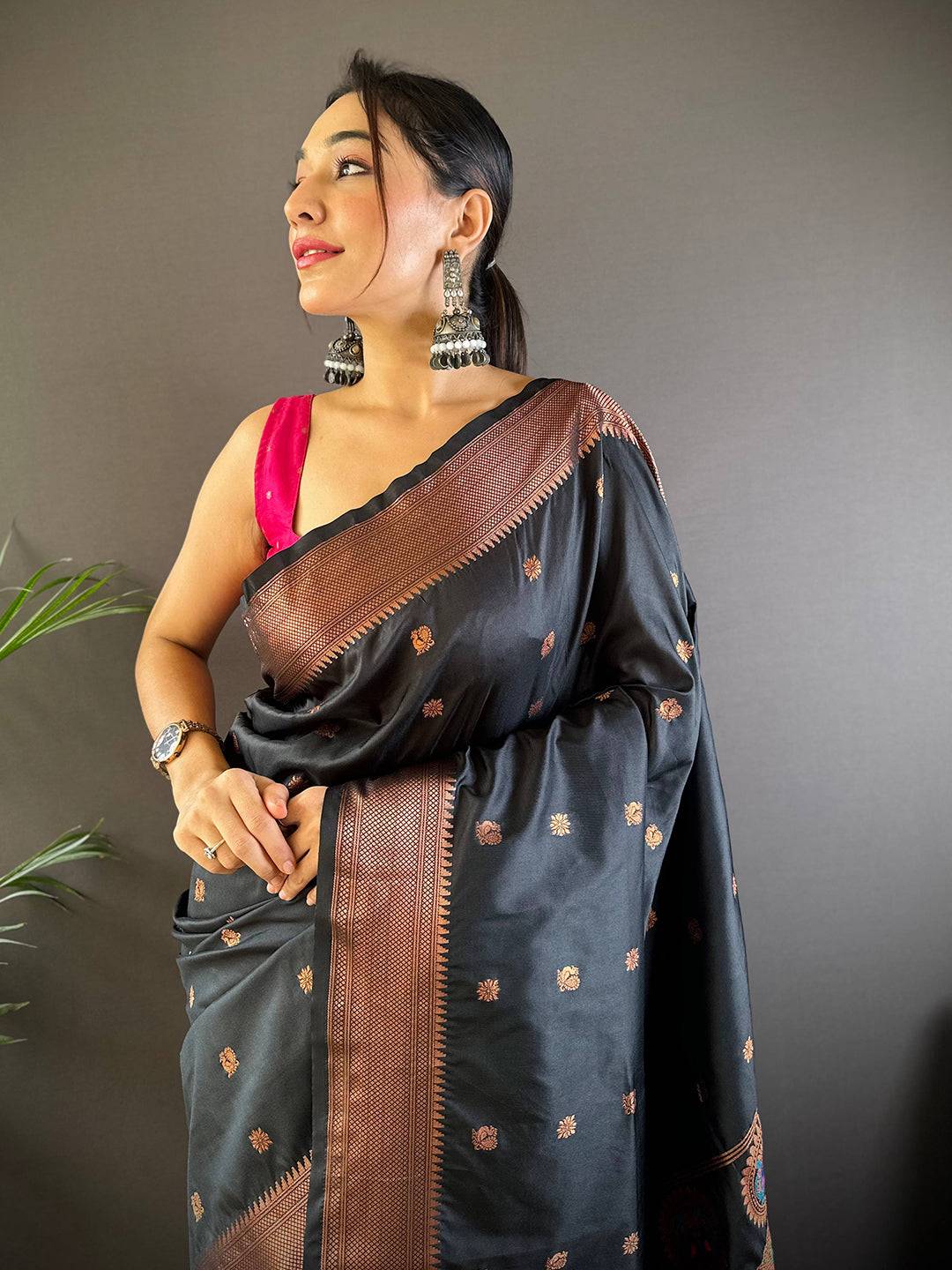 Raven Black Copper Elegance Soft Silk Saree