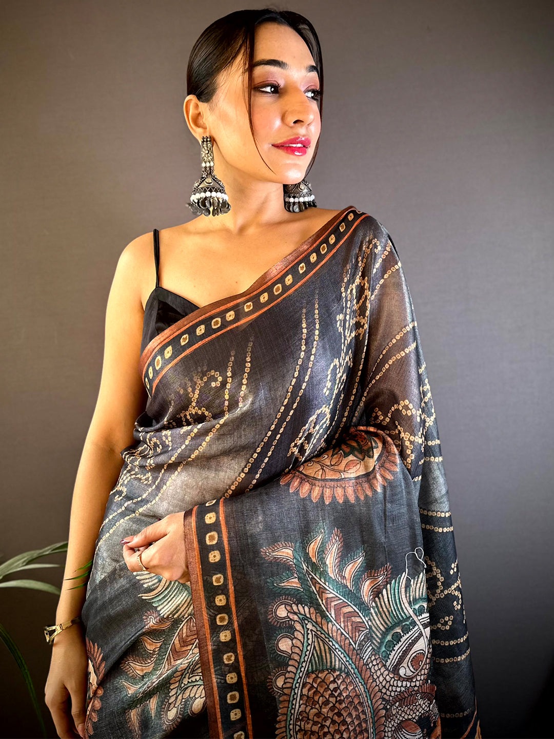 Grey Chanderi Bandhej Digital Print Saree