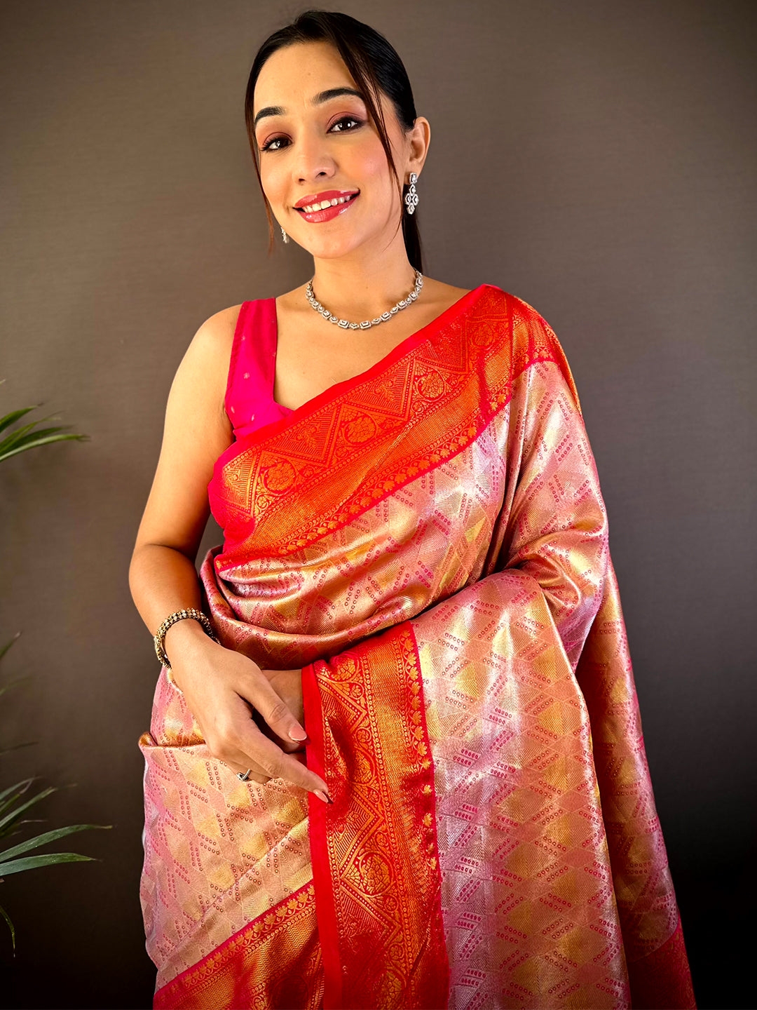 Pink Golden Geometrics With Floral Elegance Saree