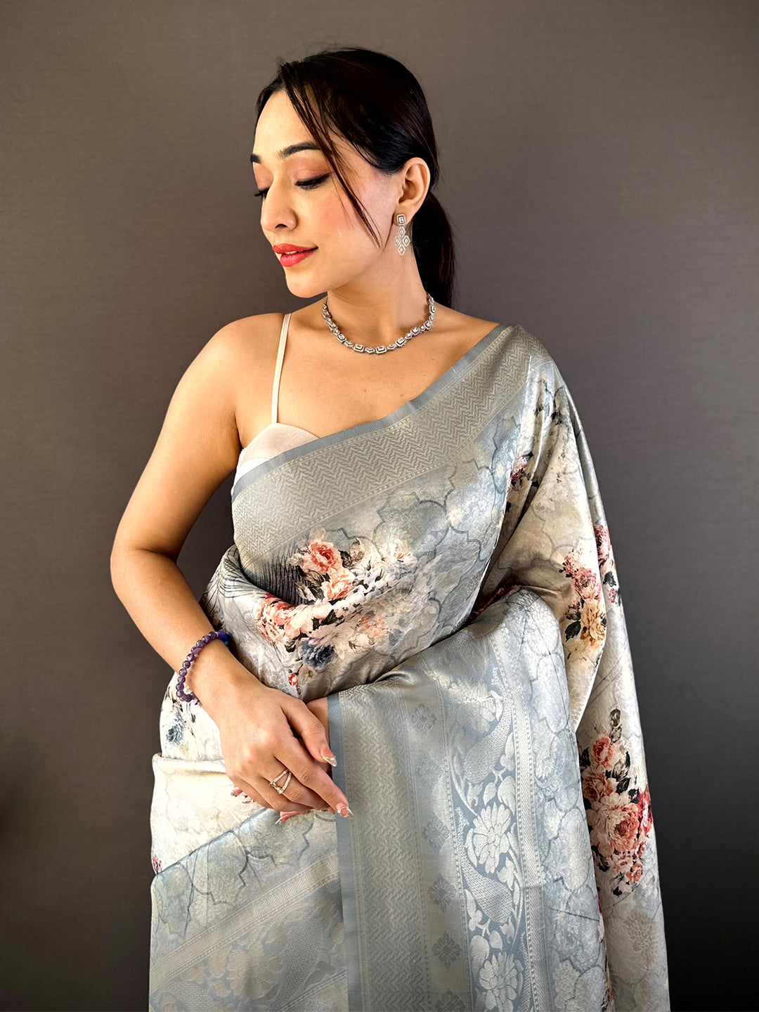 Pastel Blue Kanjivaram Digital Silk Saree