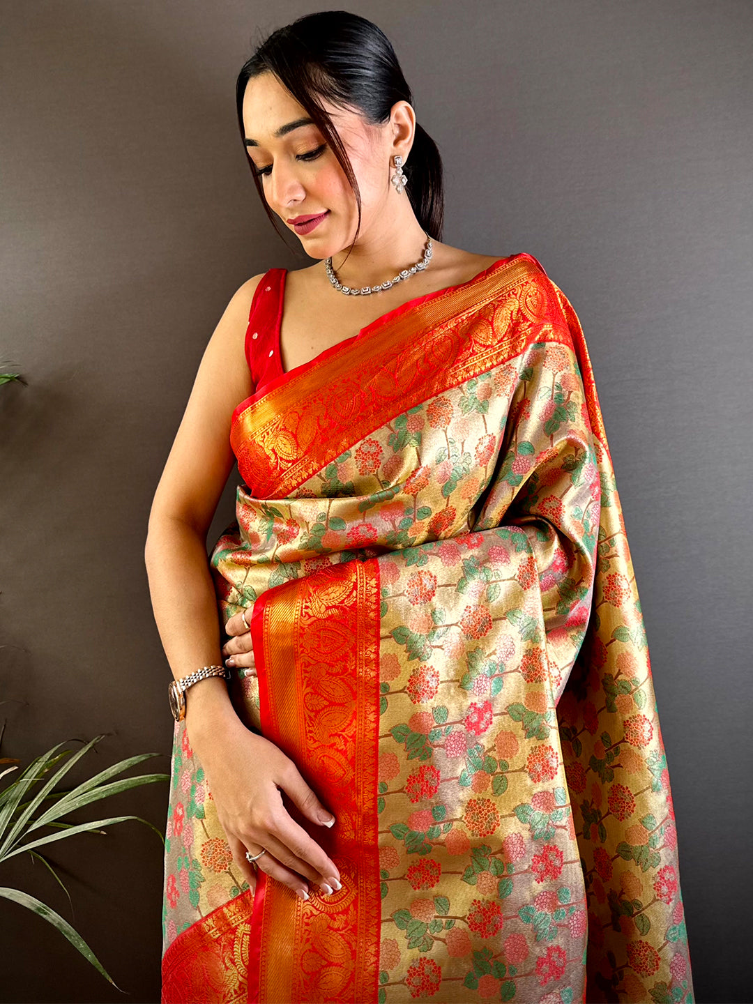 Radiant Red Floral Dharmavaram Silk Saree