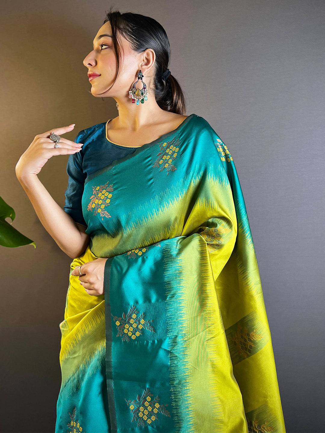 Lime Sami Banarasi Tussar Silk Saree draped elegantly