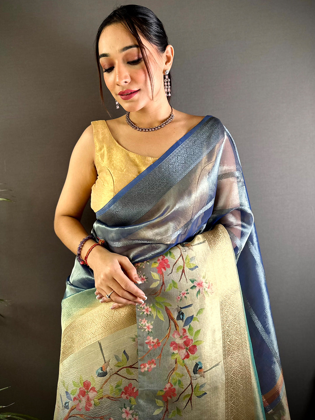 Blue Ombre Zari Tissue Digital Print Saree