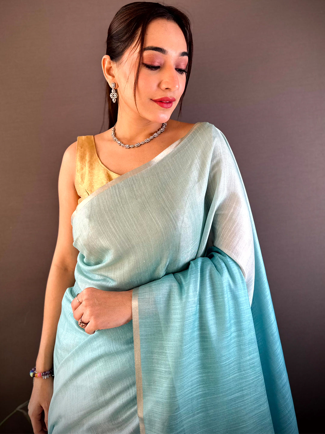 Sky Blue Ombre Chanderi Tissue Saree