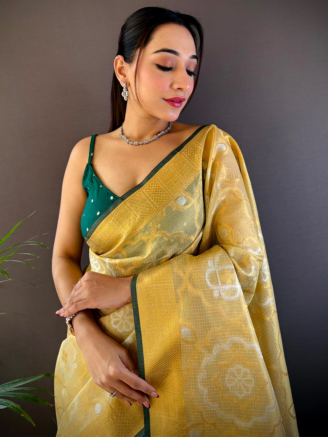 Minakari Floral Saree With Green Tassels