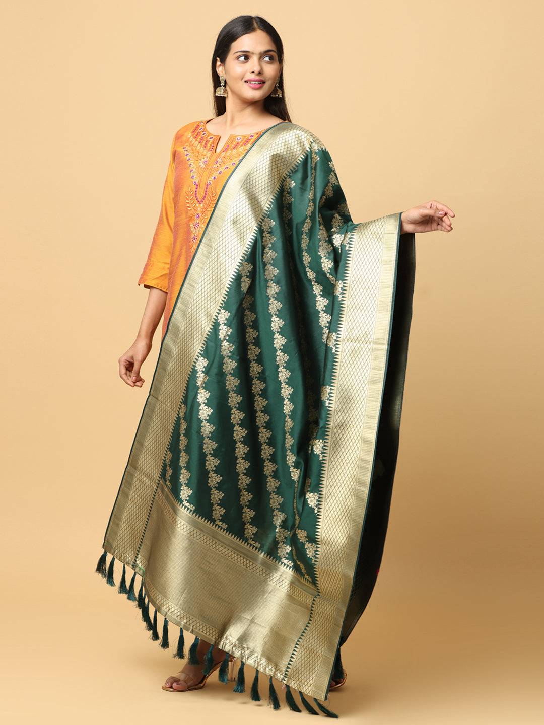 Full view of bottle green woven design dupatta