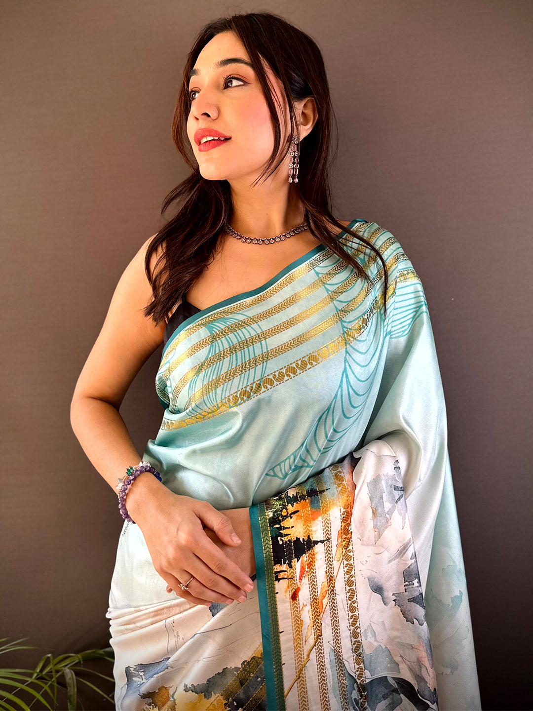 Turquiose Japanese Freehand Digital Print Saree