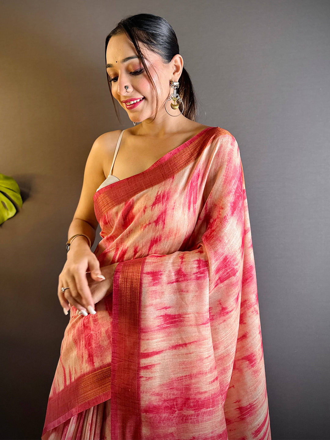 Blush Pink Shibori Print Linen Saree