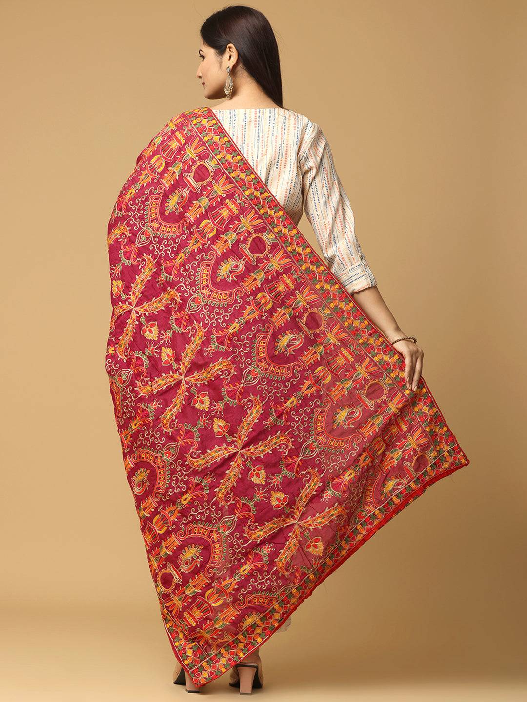 Back view of wine colour poly chiffon pashmina dupatta