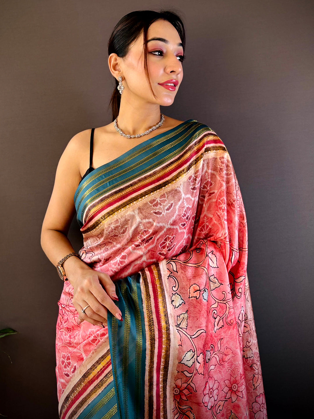 Baby Pink Kalamkari Floral Printed Silk Saree