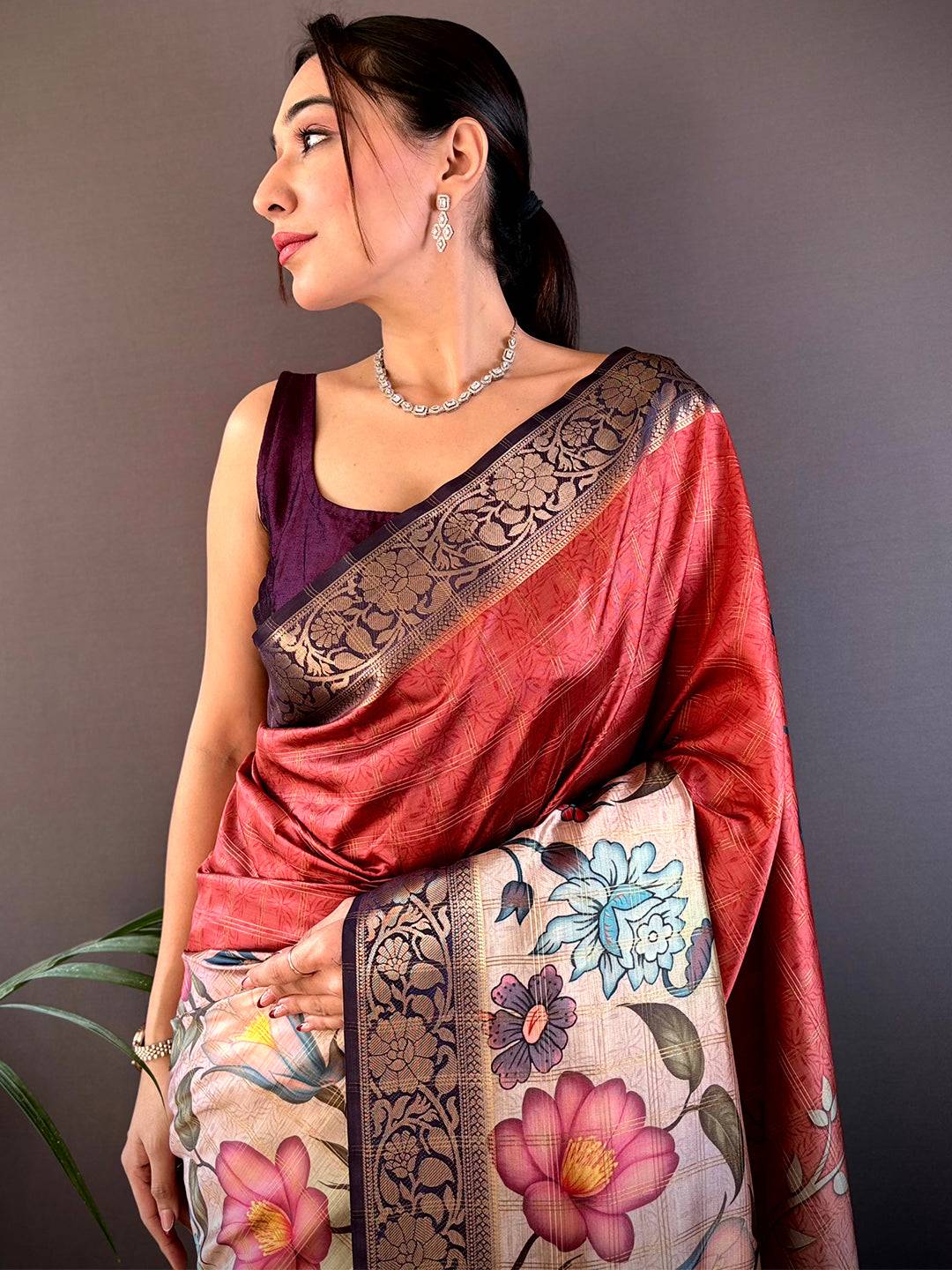 Red Ombre Floral Digital Print Saree