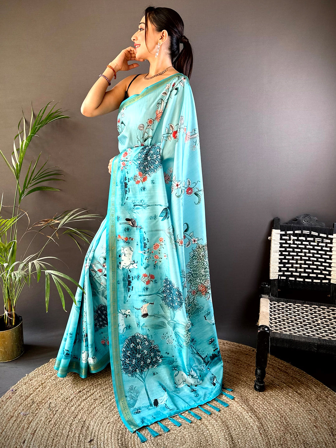 Turquoise Jungle Printed Silk Saree