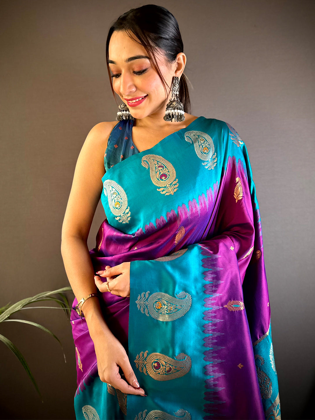 Wine Mango Butti Soft Silk Saree