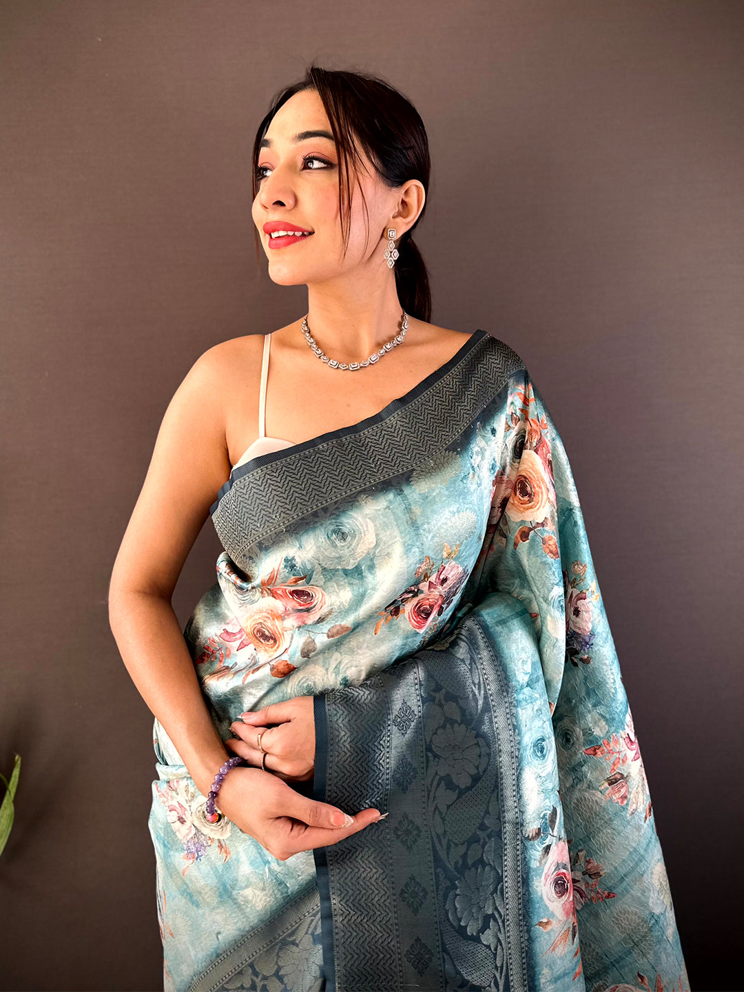 Teal Kanjivaram Digital Silk Saree