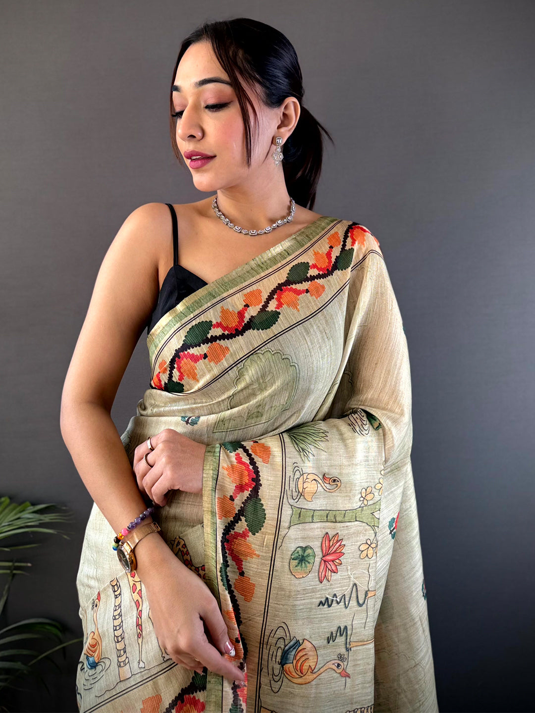 Swamp Green Jungle Floral Zari Tissue Saree