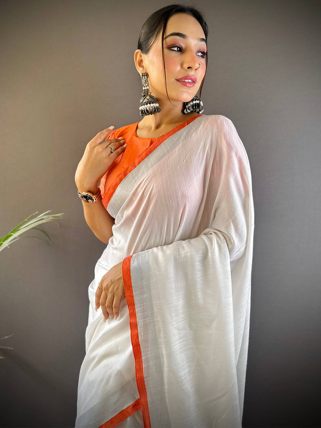 Bhagalpuri Linen Saree With Orange Small Patti