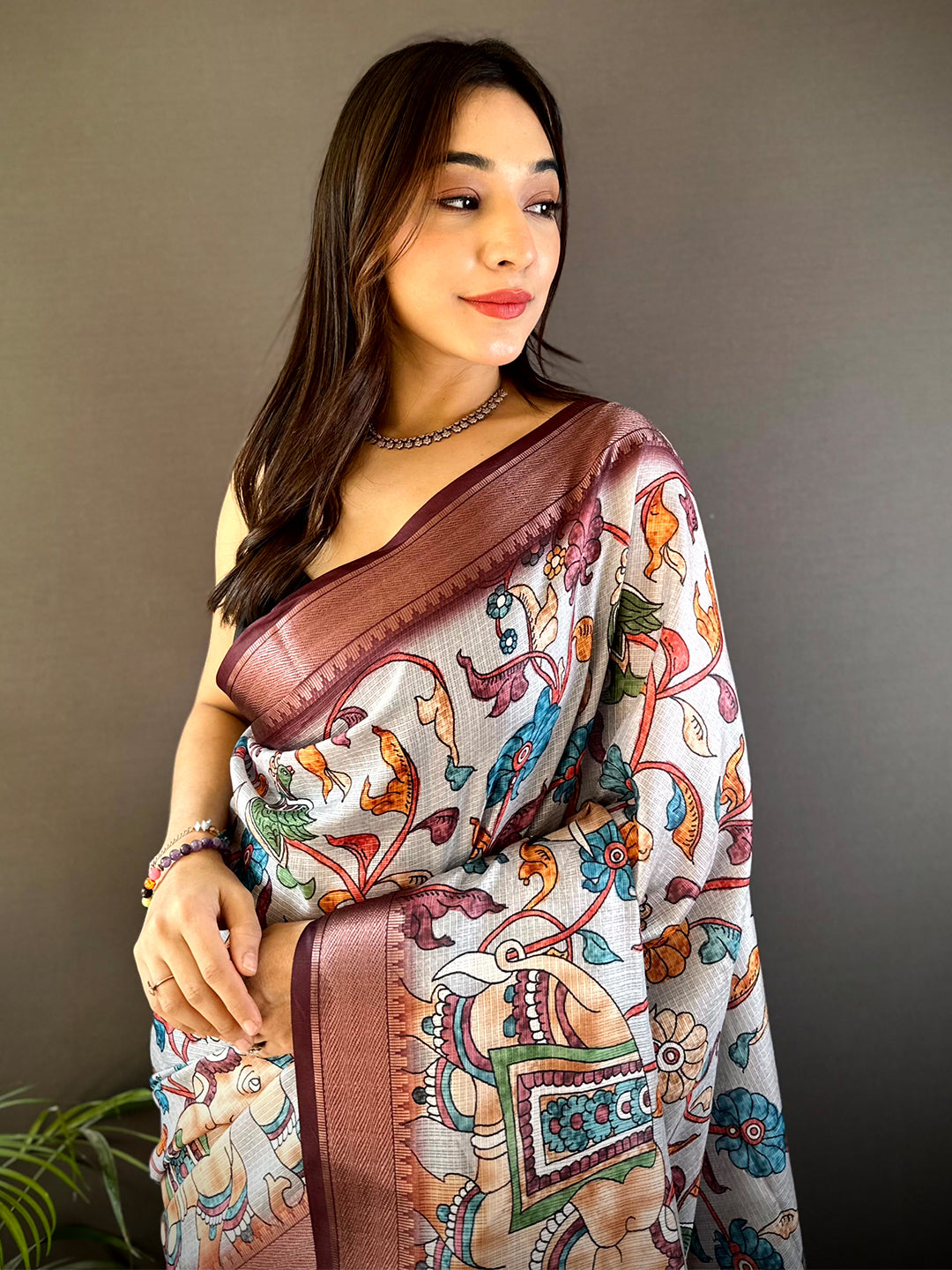 Grey Kota Doriya Floral Kalamkari Print Saree