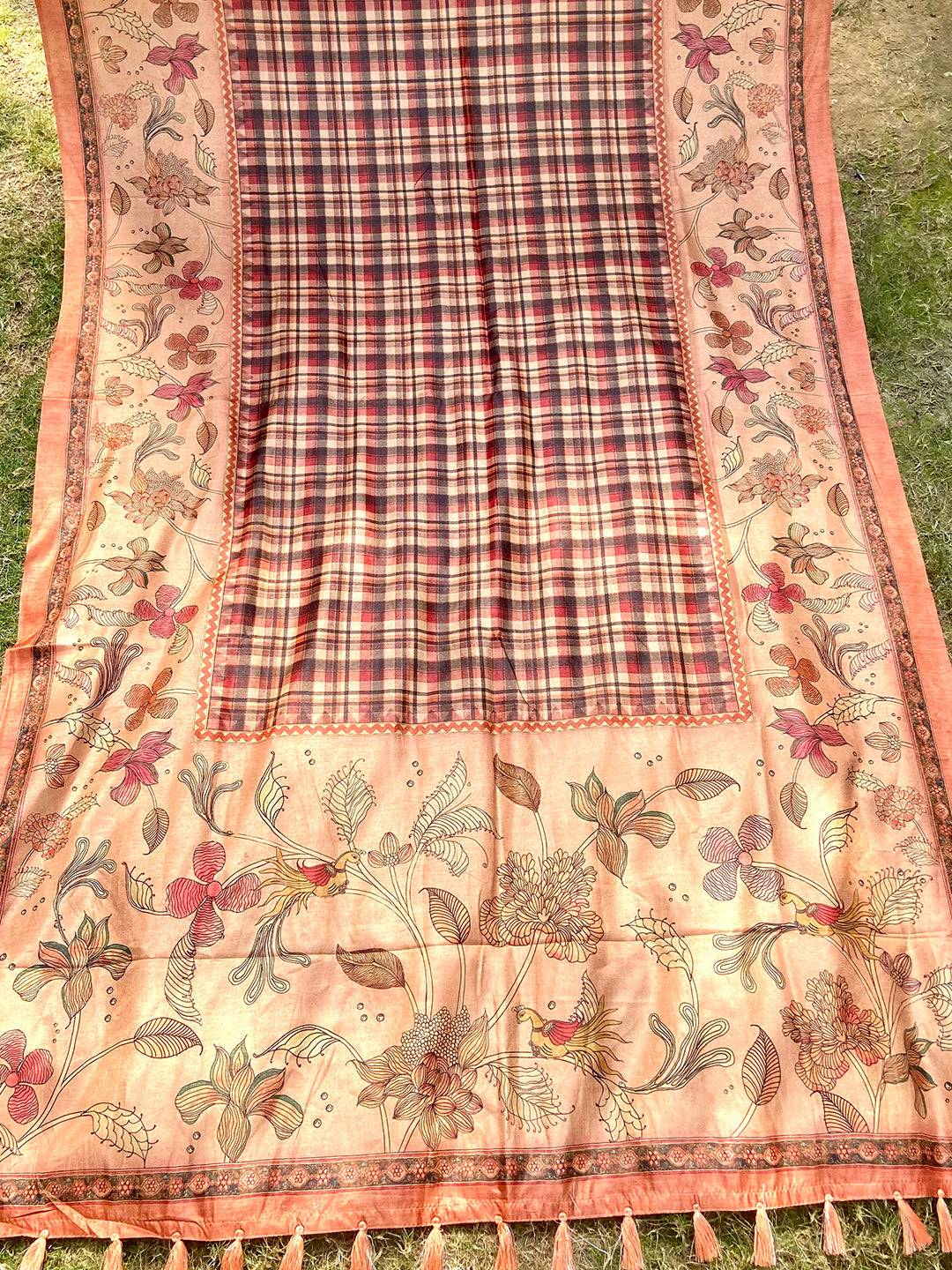 Full view of multi colour tussar silk saree with kalamkari motifs