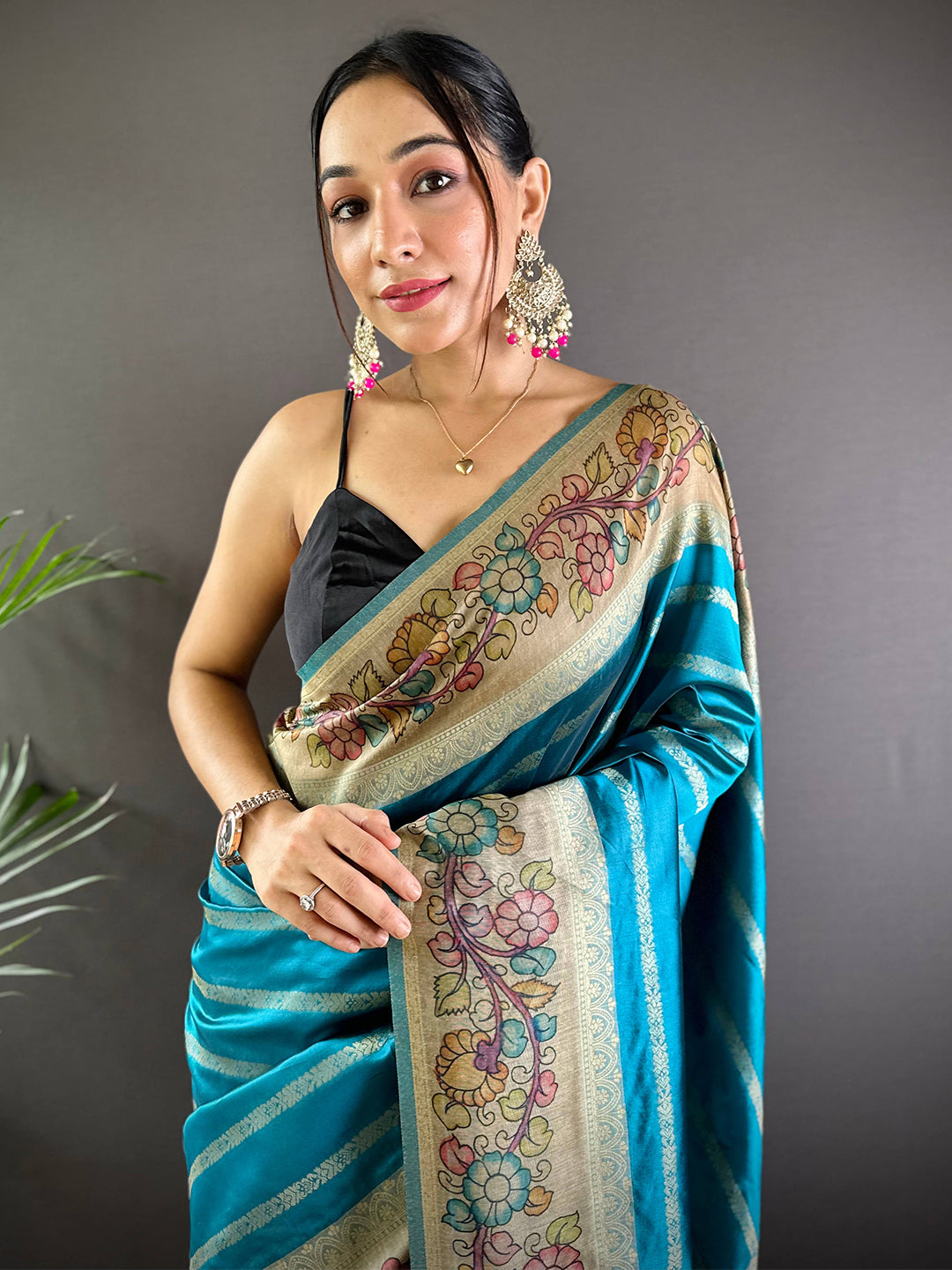 Sky Blue Geometric Zari And Kalamkari Silk Saree