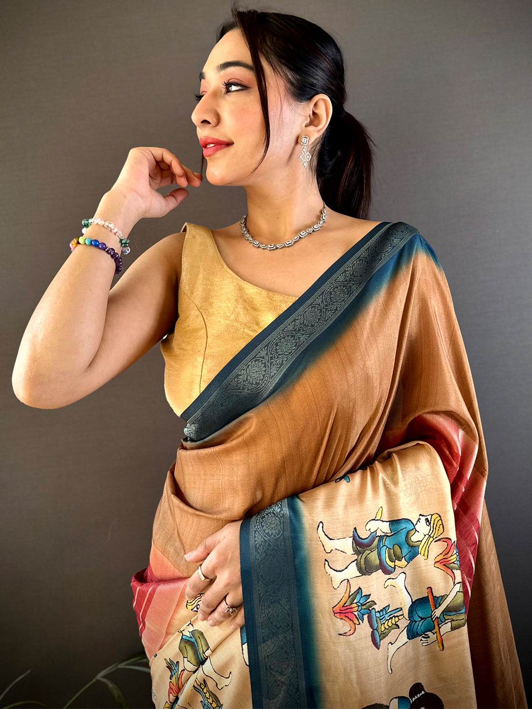 Coffee Brown Kalamkari Ombre Soft Silk Saree