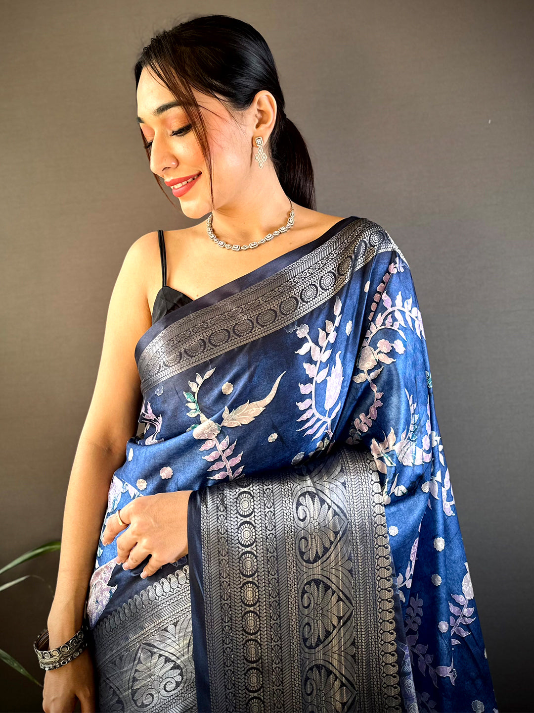 Blue Floral Animal Batik Soft Silk Saree