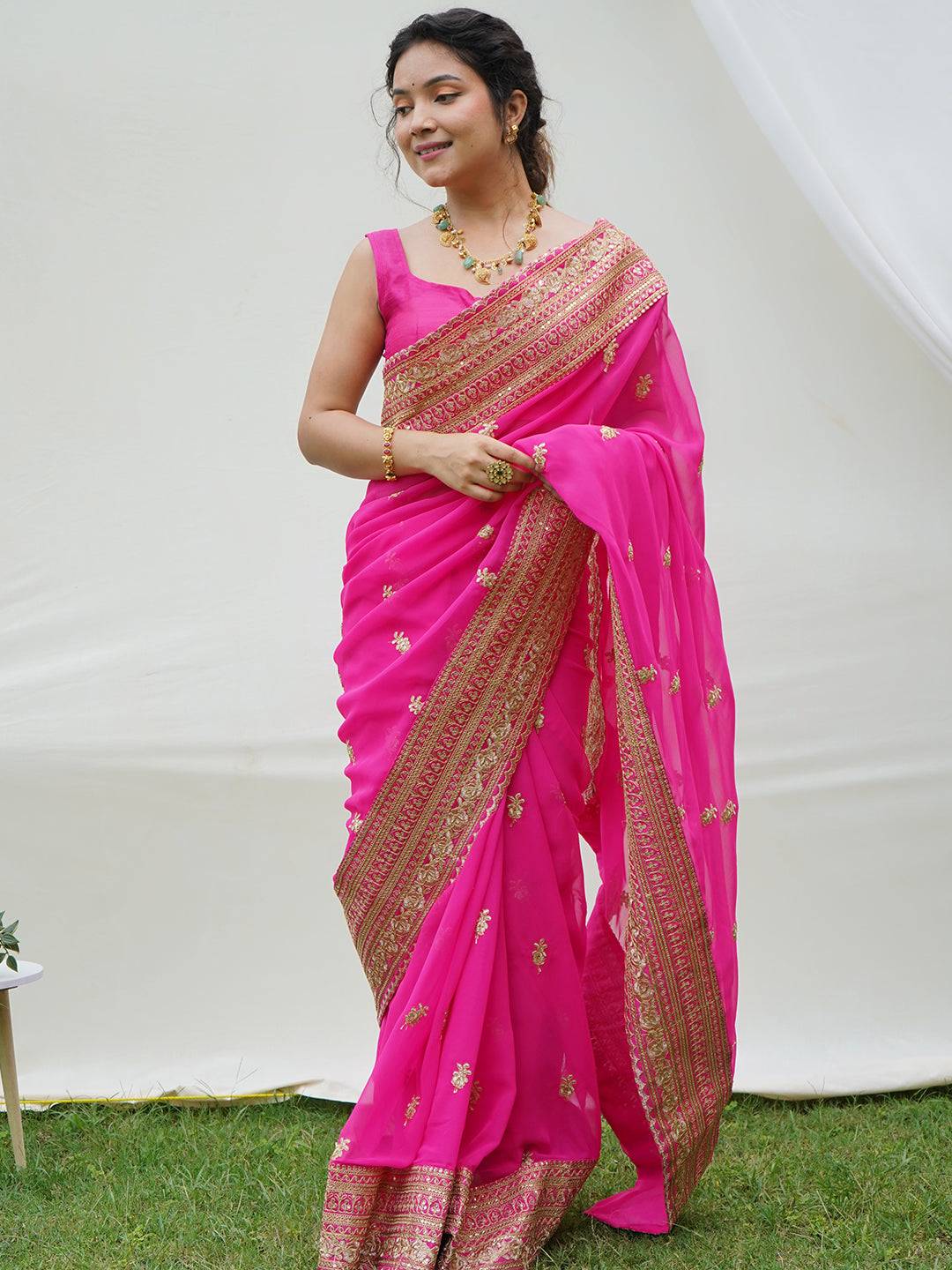 Georgette Saree with Embroidery & Luxurious Raw Silk Blouse