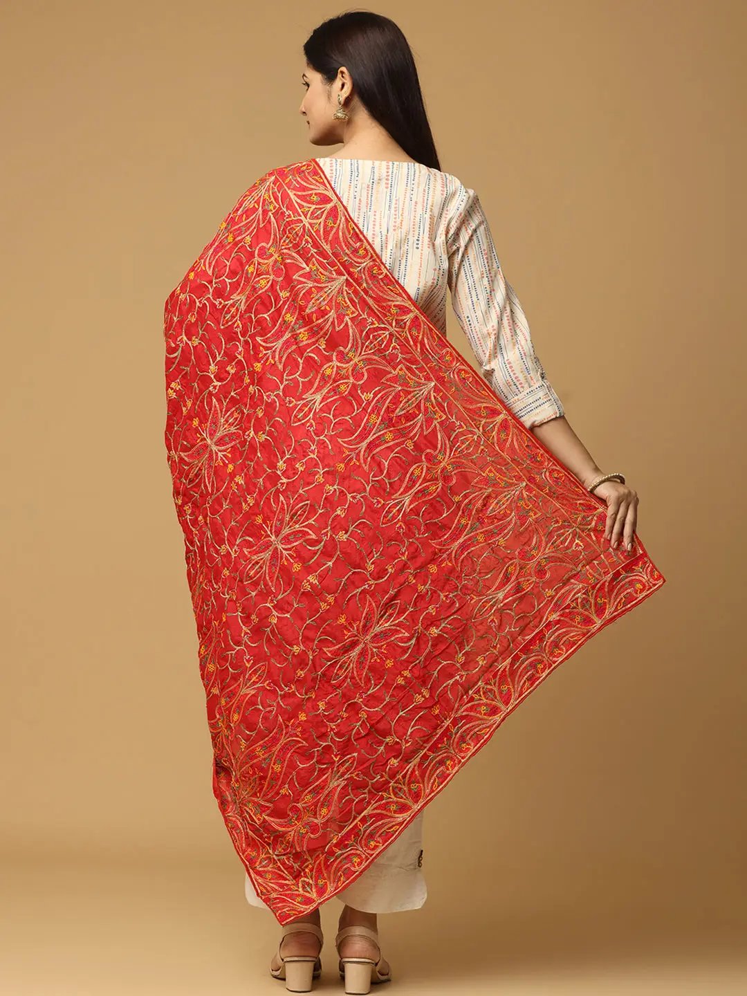 Back view of Red Poly Chiffon Pashmina Dupatta