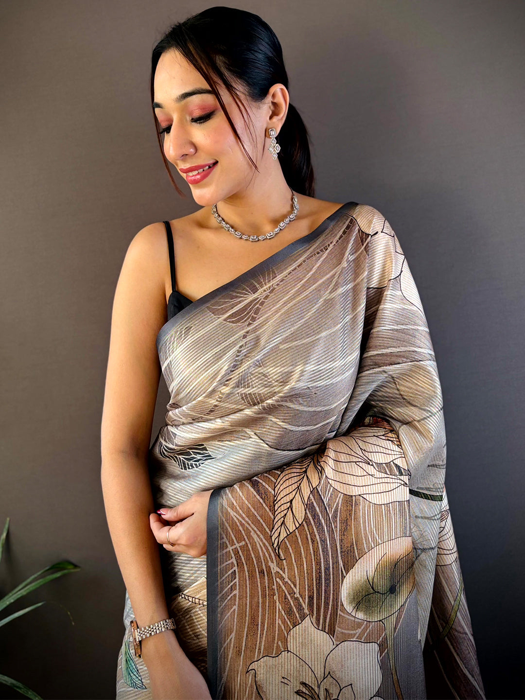 Grey Semi Zari Tussar Botanical Saree