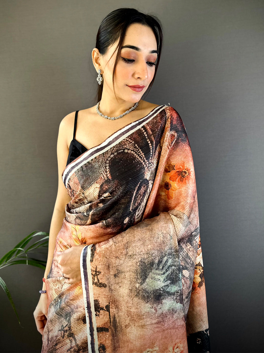 Peach Gold Zari Tussar Batik Print Saree