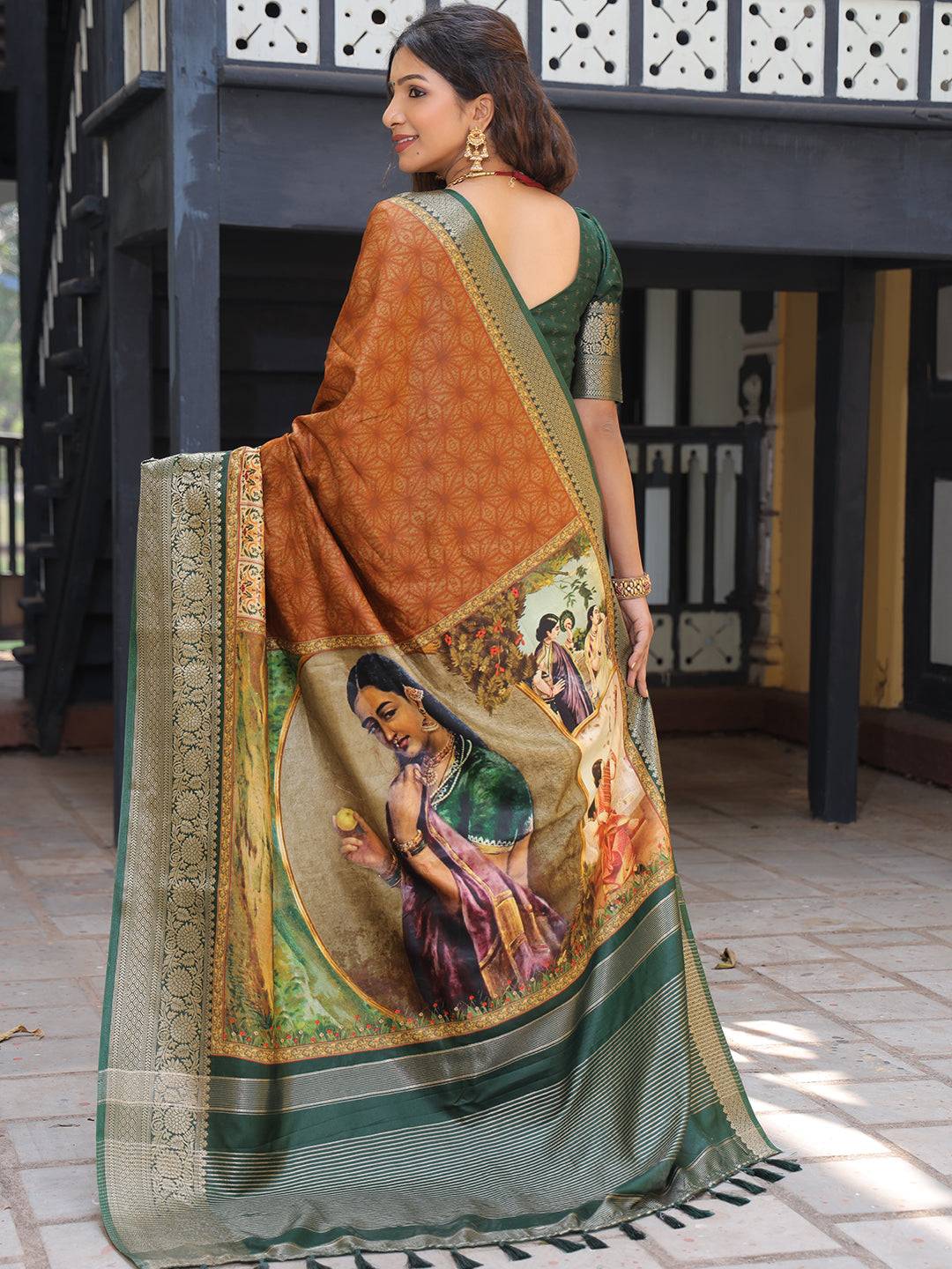 Brown Viscose Dola Silk Saree With Kalamkari & Mughal Print