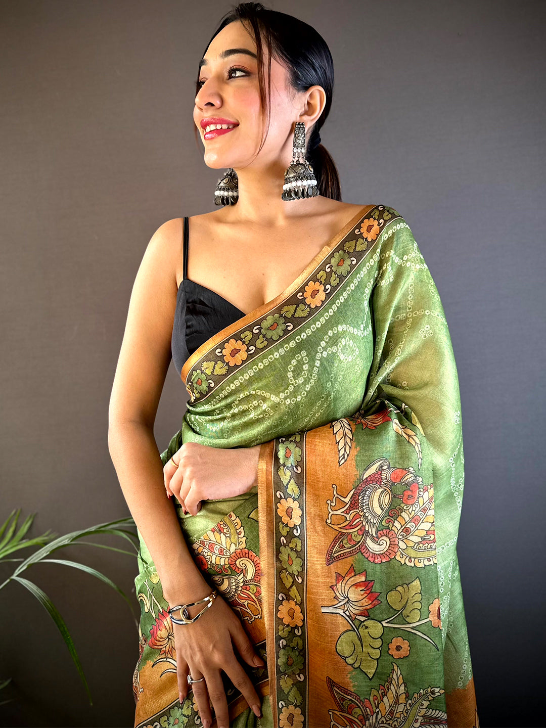 Pista Tissue Bandhej Kalamkari Saree