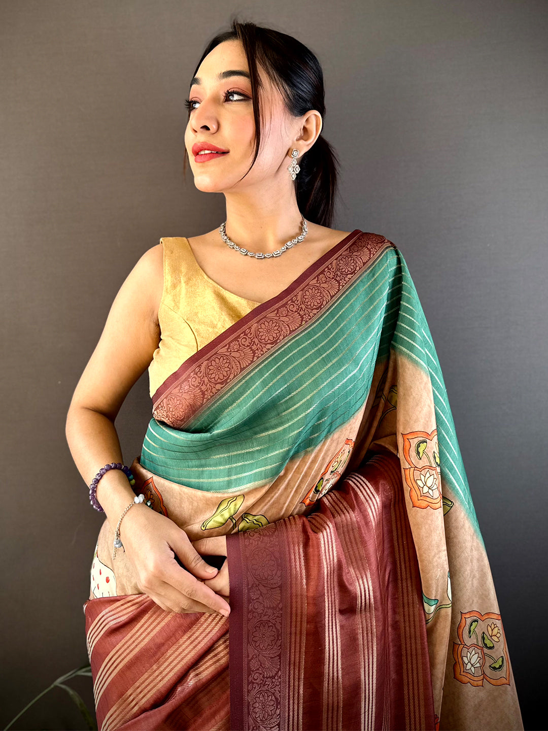 Green Soft Crep Silk Ombre Print Saree