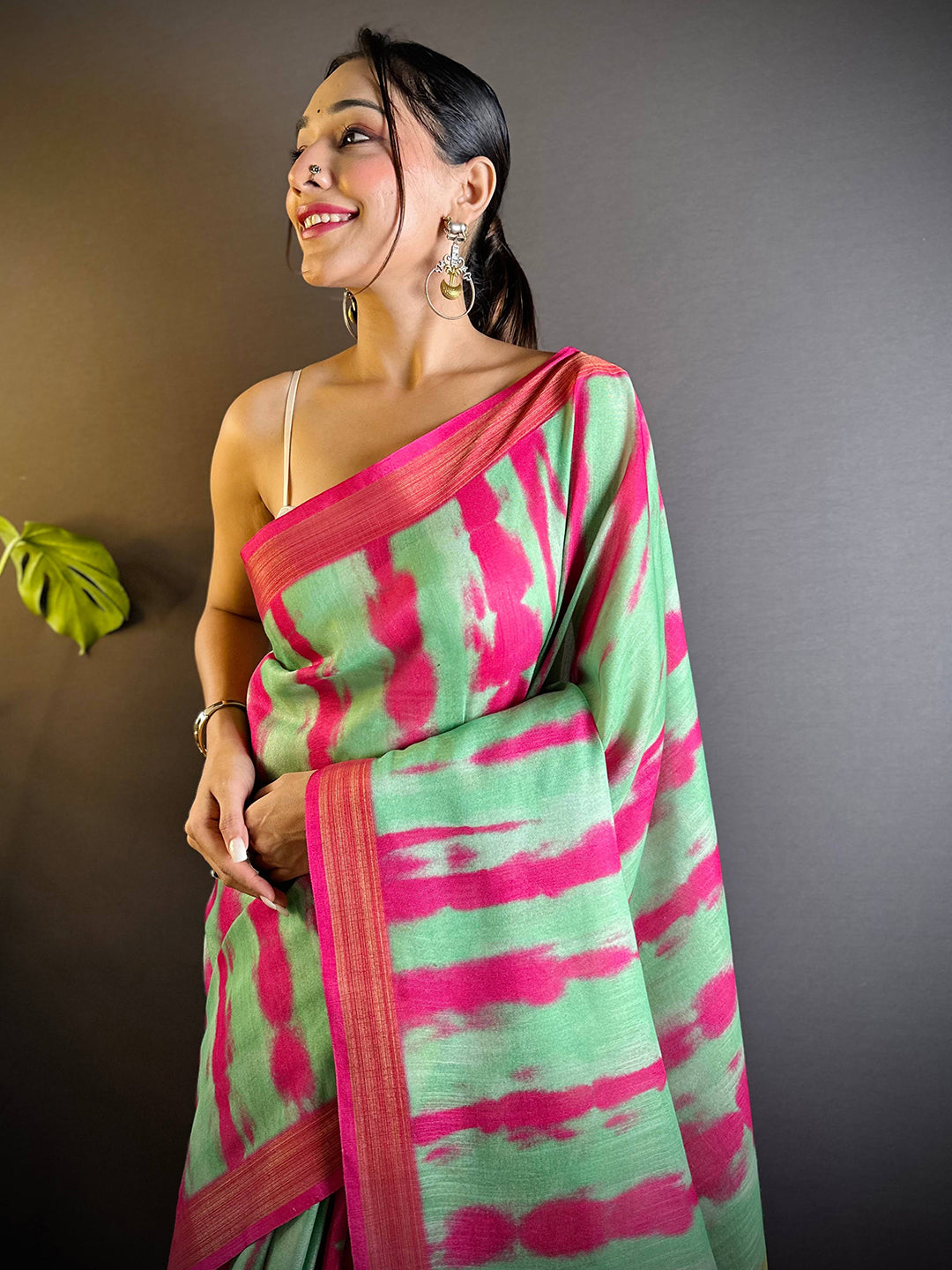 Pista Shibori Print Linen Saree