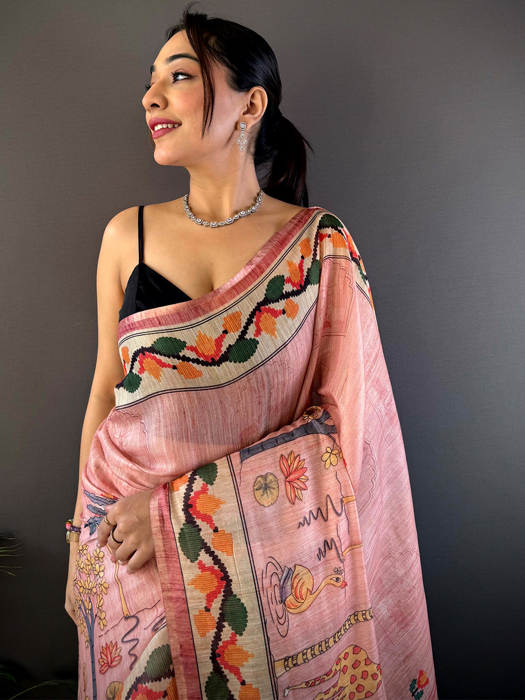 Crepe Pink Jungle Floral Zari Tissue Saree