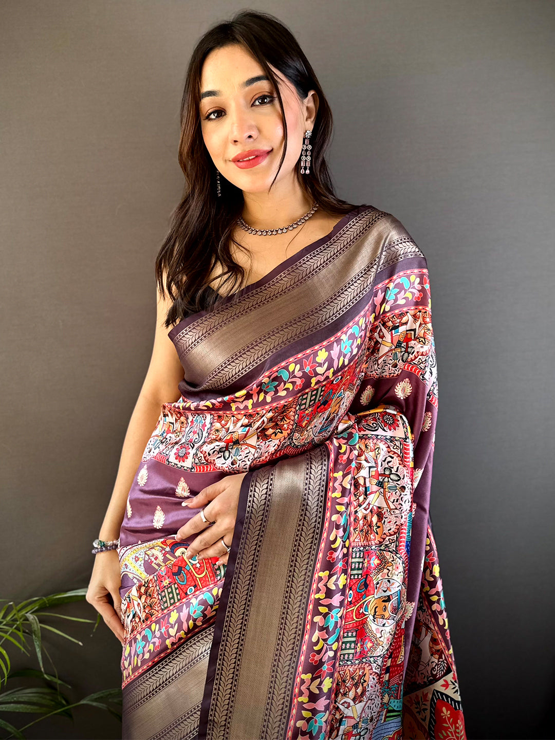 Wine Mughal Kalamkari Print Pashmina Saree