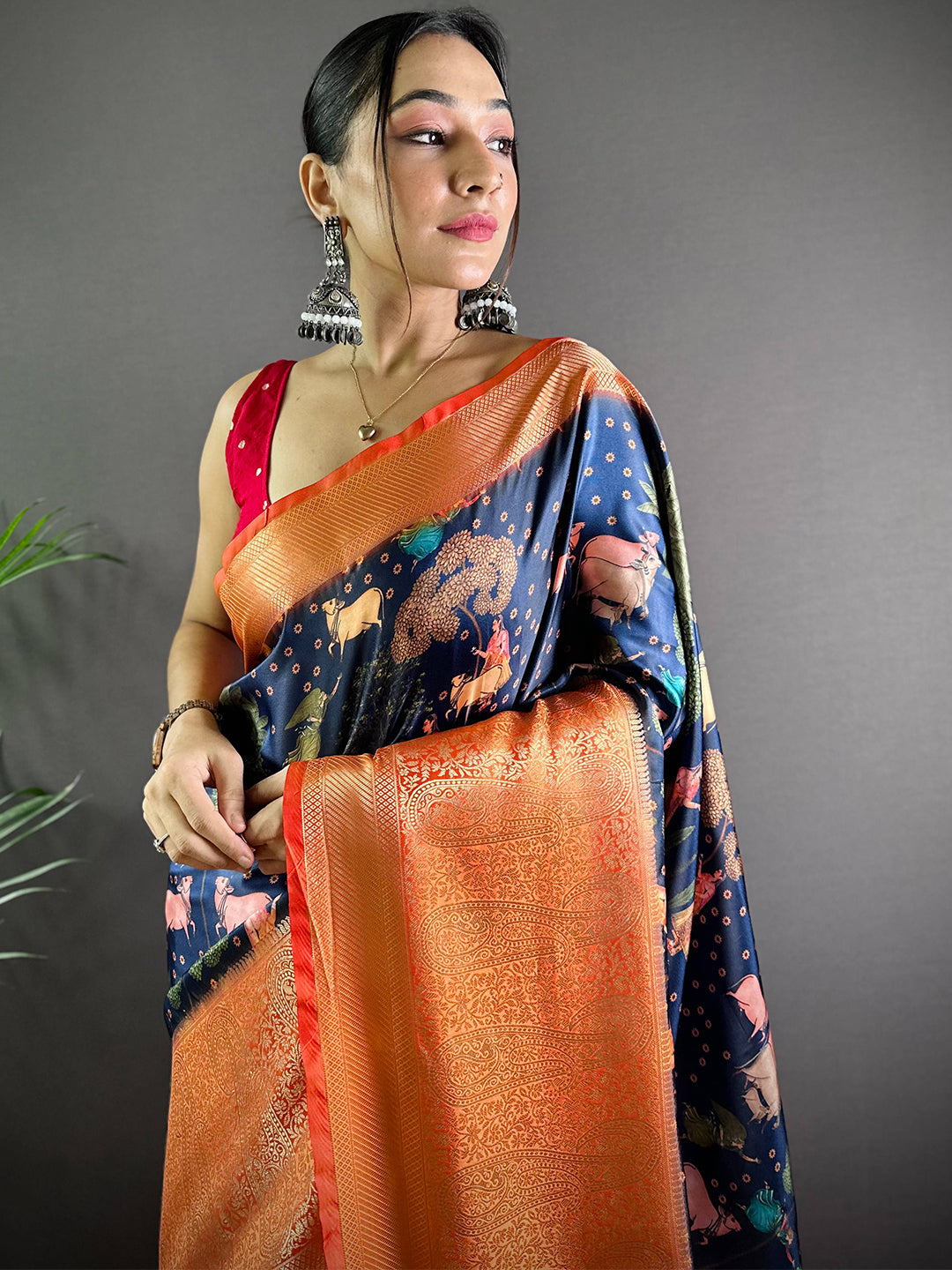 Navy Satin Pichwai Print Saree