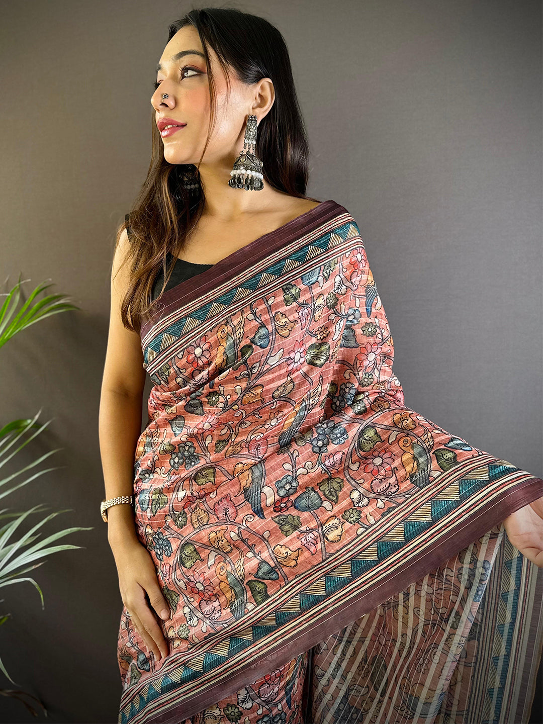 Rust Kalamkari Stripes Chanderi Saree