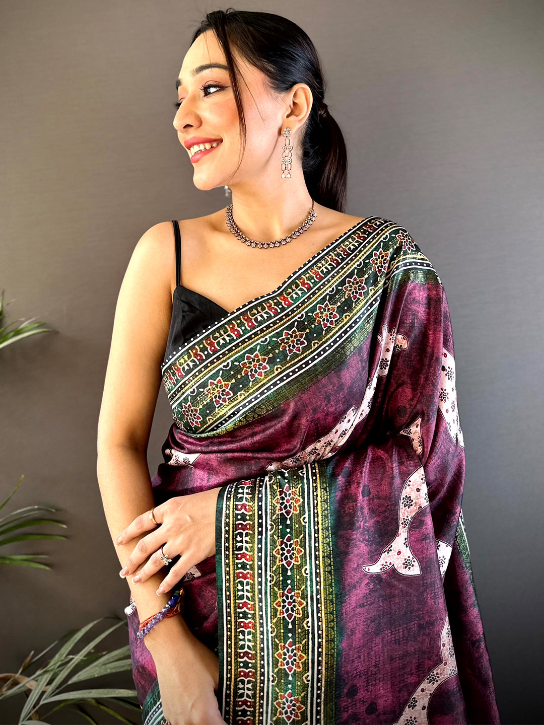 Dark Wine Soft Silk Fish Kalamkari Saree