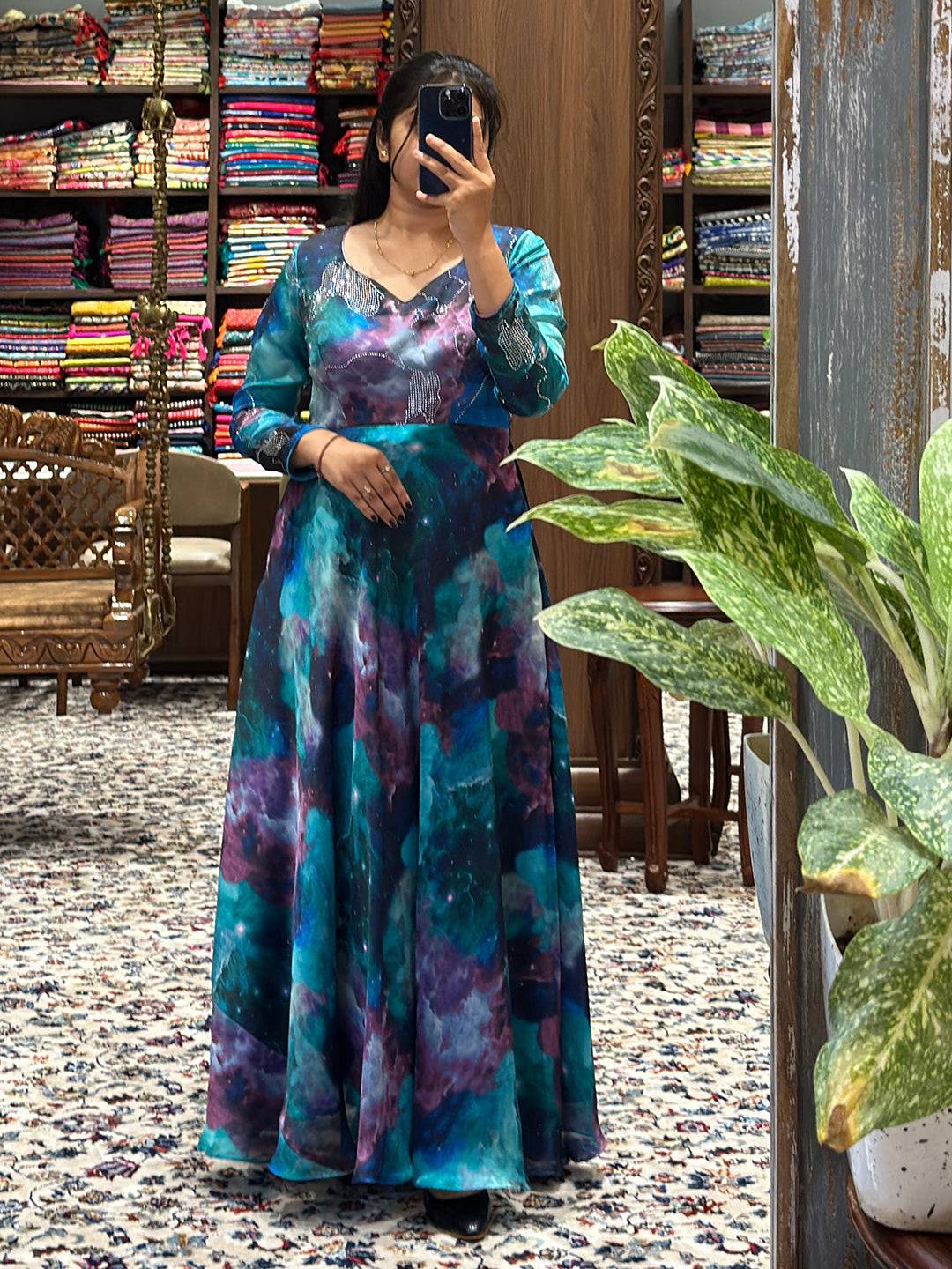 Stylish Blue Galaxy Print Dress showcased in clothing store.