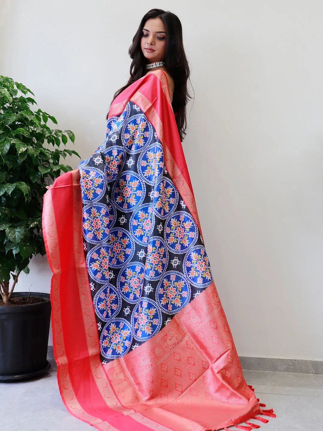 Elegant Pochampally print soft silk saree with red Gadwal border