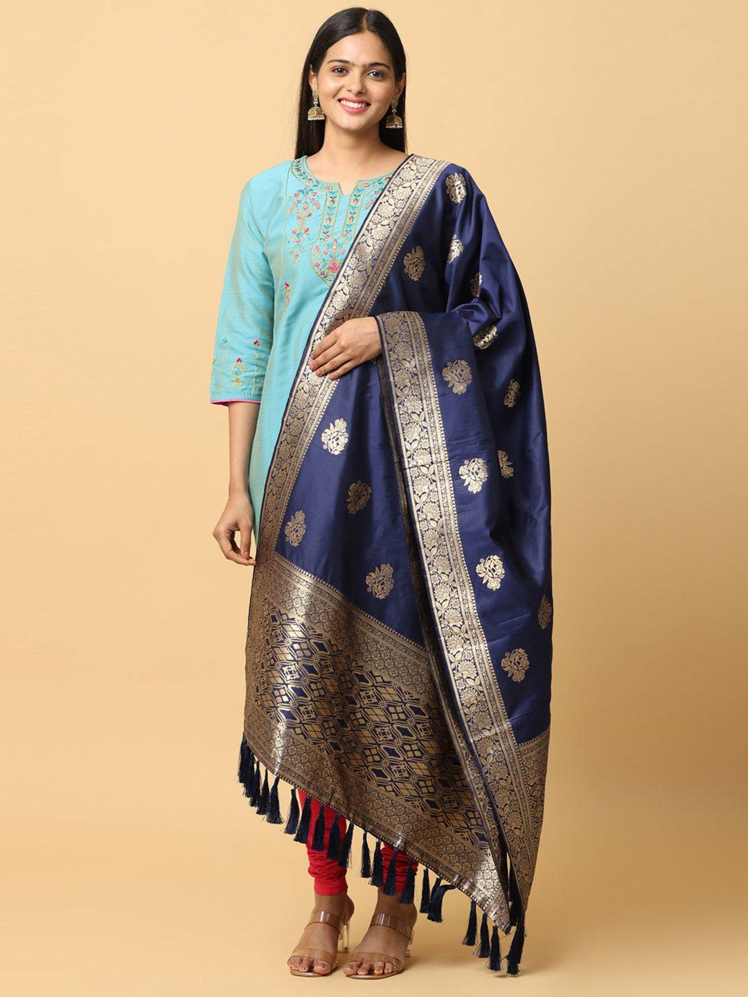 Navy Silk Blend Woven Design Dupatta