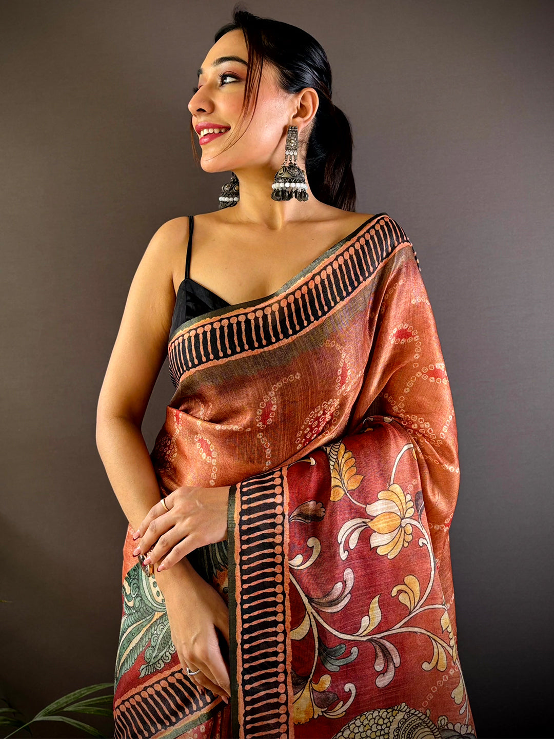 Light Brown Floral Chanderi Saree