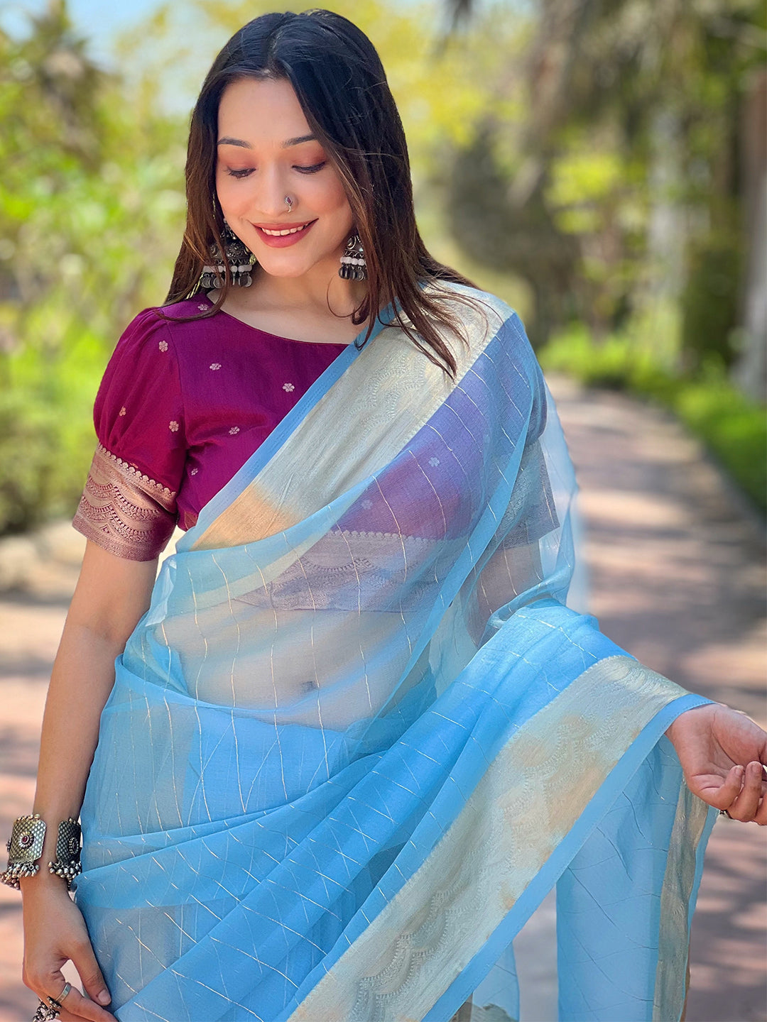 Blue Pure Viscose Organza Saree With Fine Gold Zari Weaving Border