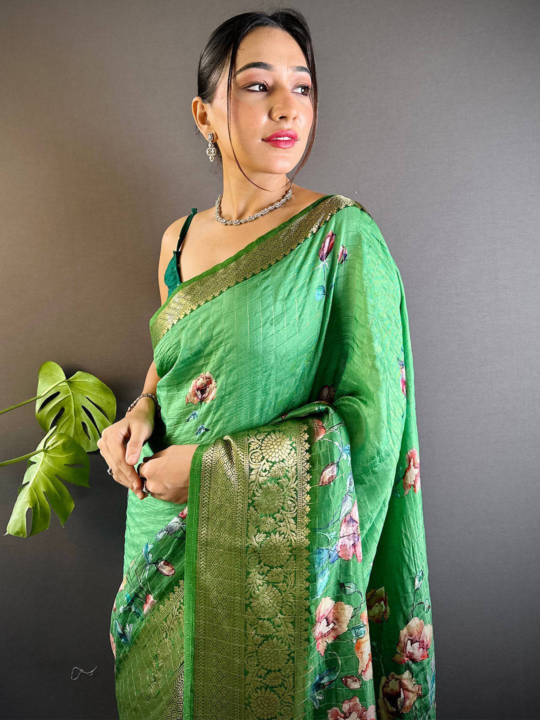 Green Floral Zari Chex Saree