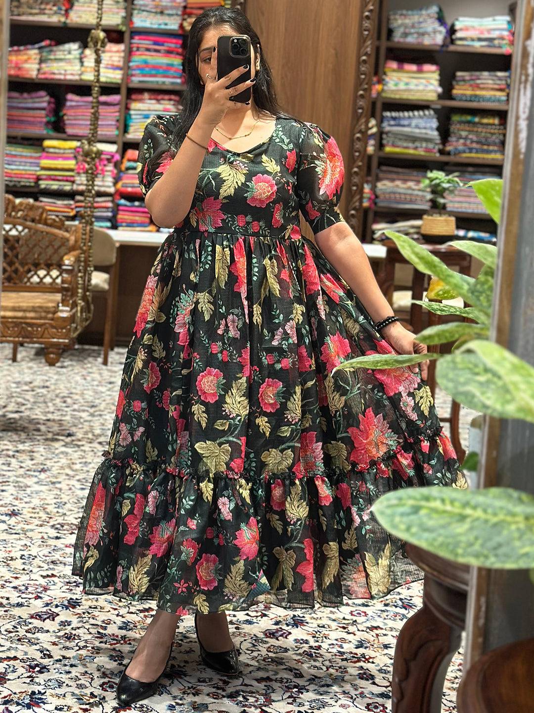 Revan Black Floral Print Midi Dress worn by model in store