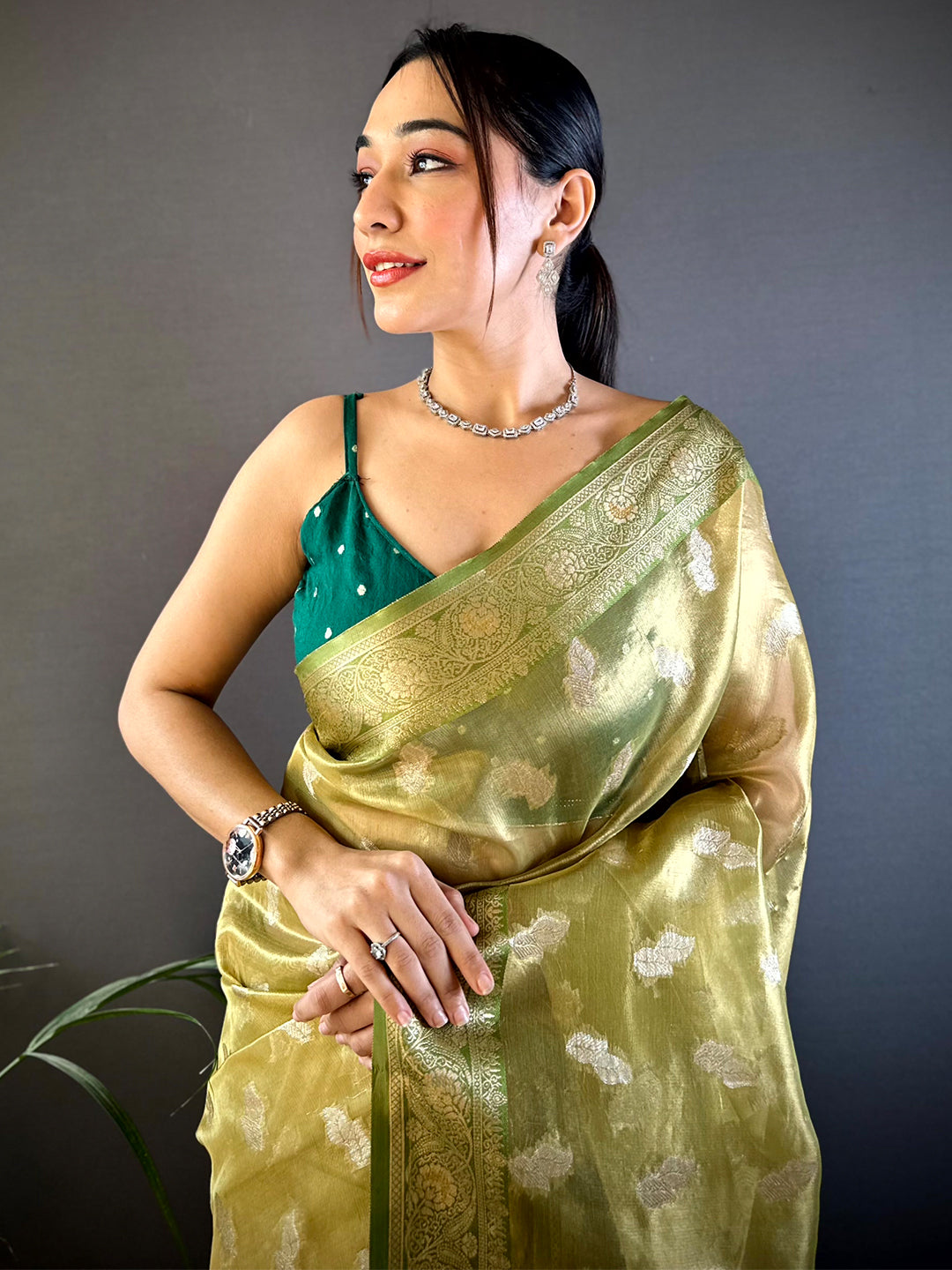 Graceful Olive Kora Tissue Saree