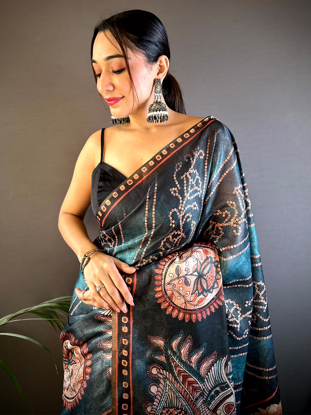 Blue Chanderi Bandhej Digital Print Saree