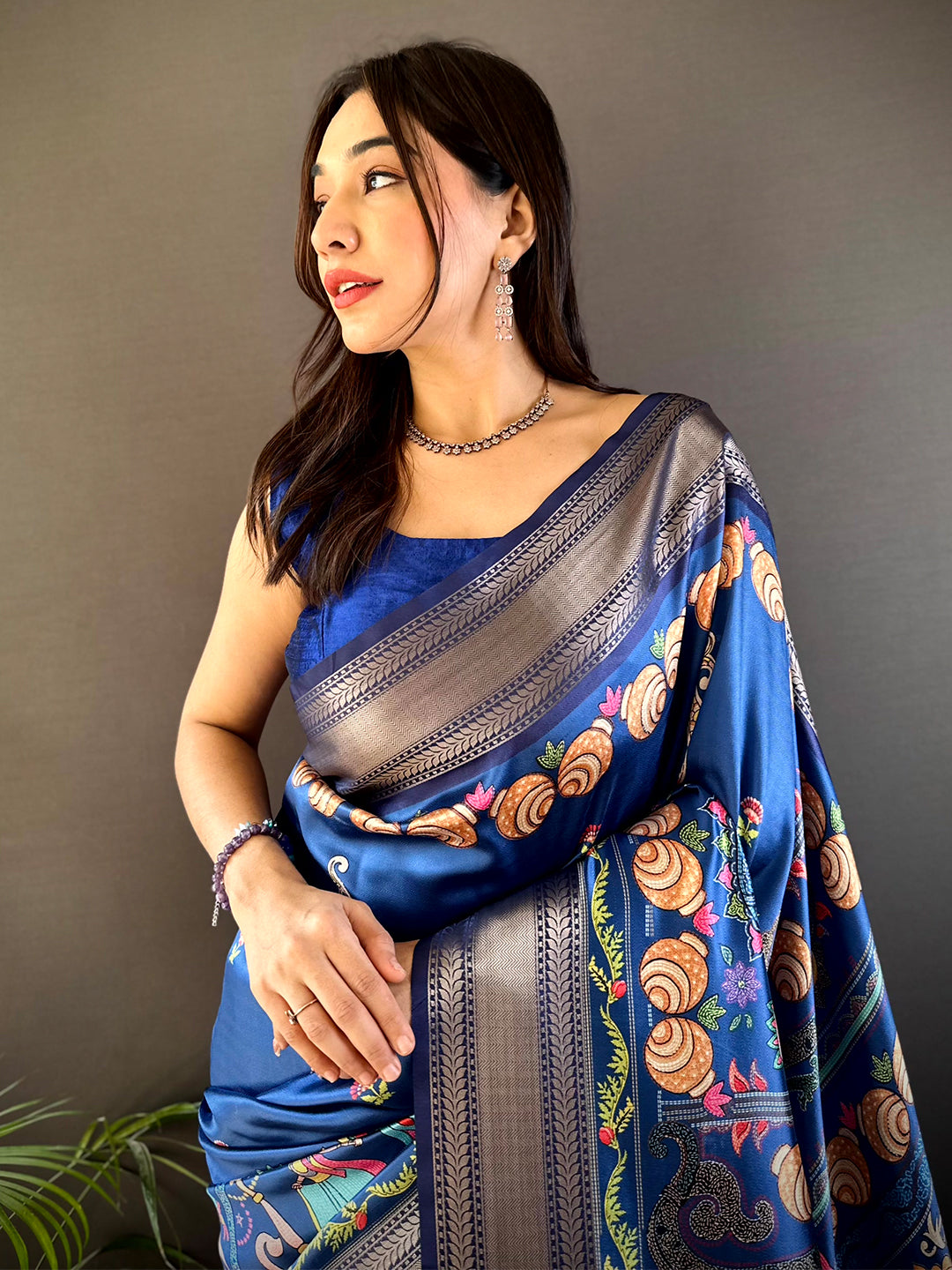 Light Blue Mughal Kalamkari Print Pashmina Saree