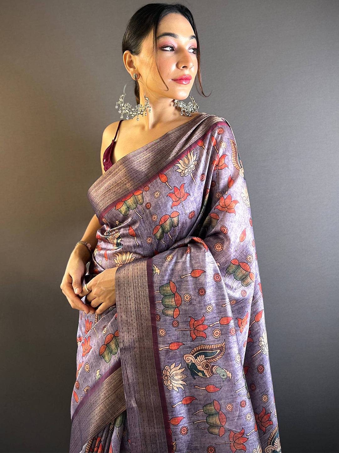 Purple Kalamkari Tussar Silk Saree