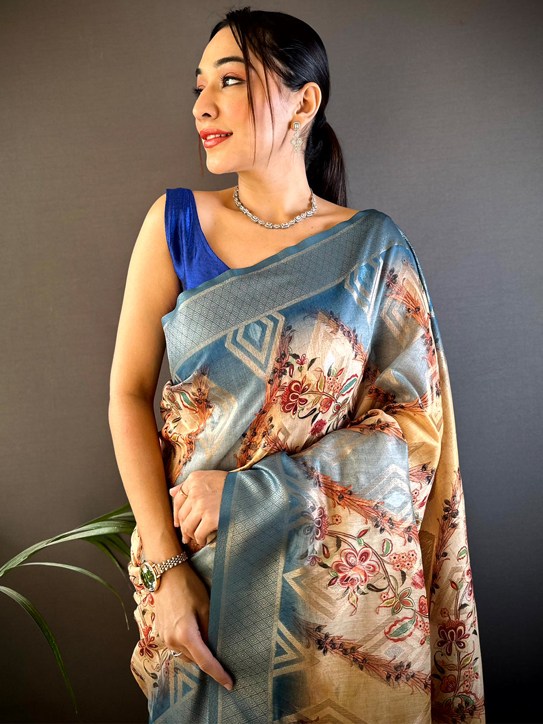 Blue Banarasi Ombre Floral Print Saree